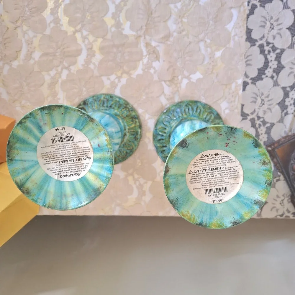 Pier 1 Vtg Discontinued Turquoise Metal Candle Holder Pier One Imports Set Of 2
